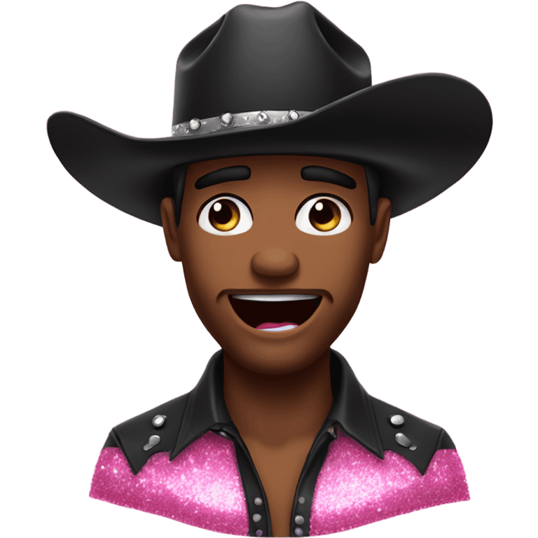 Man with black cowboy hat happy crying pink glitter tears. He looks proud emoji