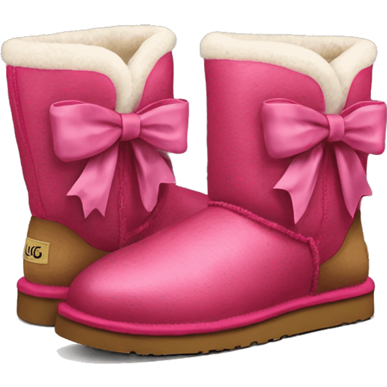 Realistic pair of raspberry color Ugg fur boots with ribbon bows. emoji