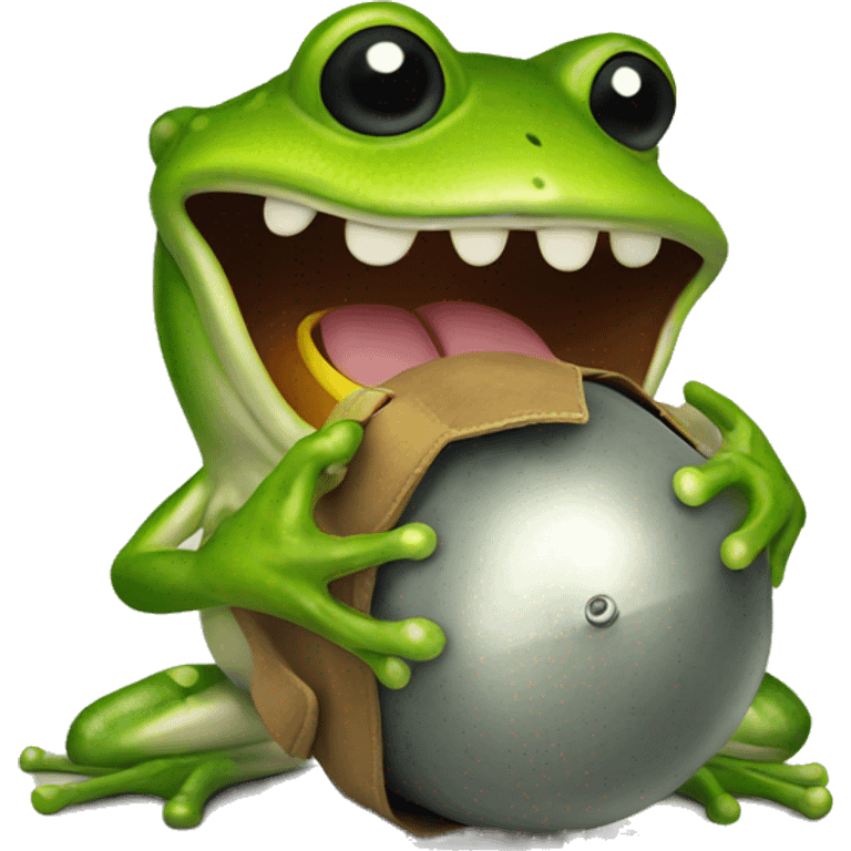 A silly frog holding a bomb emoji