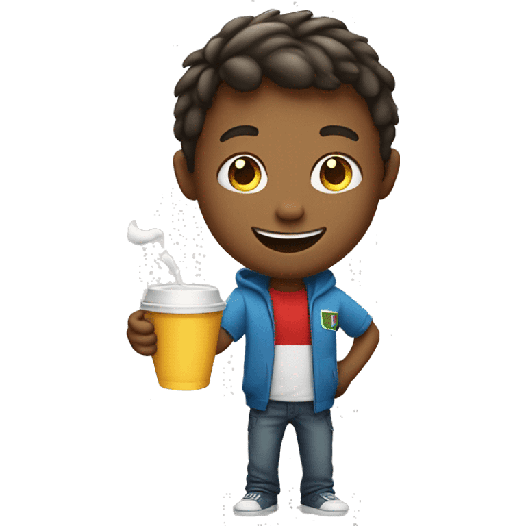 smiling boy holding cup dabbing emoji