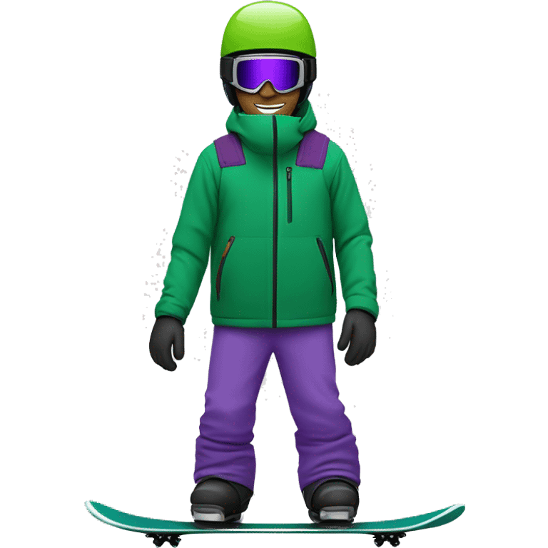 White male snowboarder with a green jacket, large ski goggles, a helmet, and a purple snowboard emoji