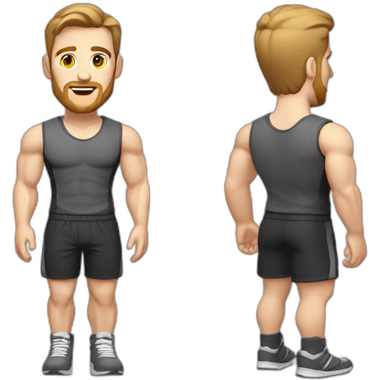 Full height Pale skinned fit man With biceps, Realistic eyes and mouth, light brown hair and stubble In dark gray sleeveless mike, black oversize sports shorts, watch and white sneakers. emoji