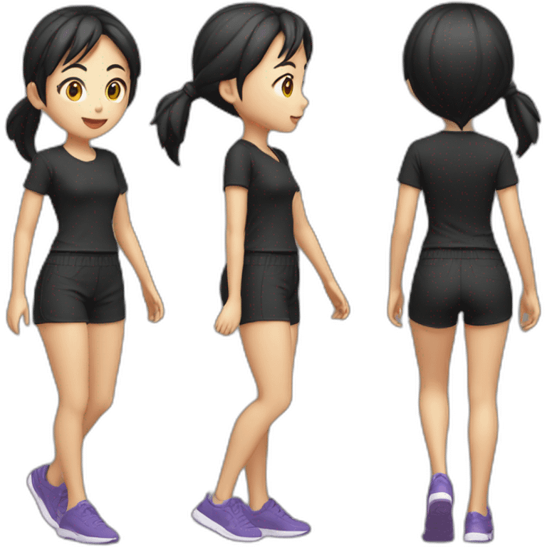 asian girl running，black shirt and shorts，full body，side view emoji