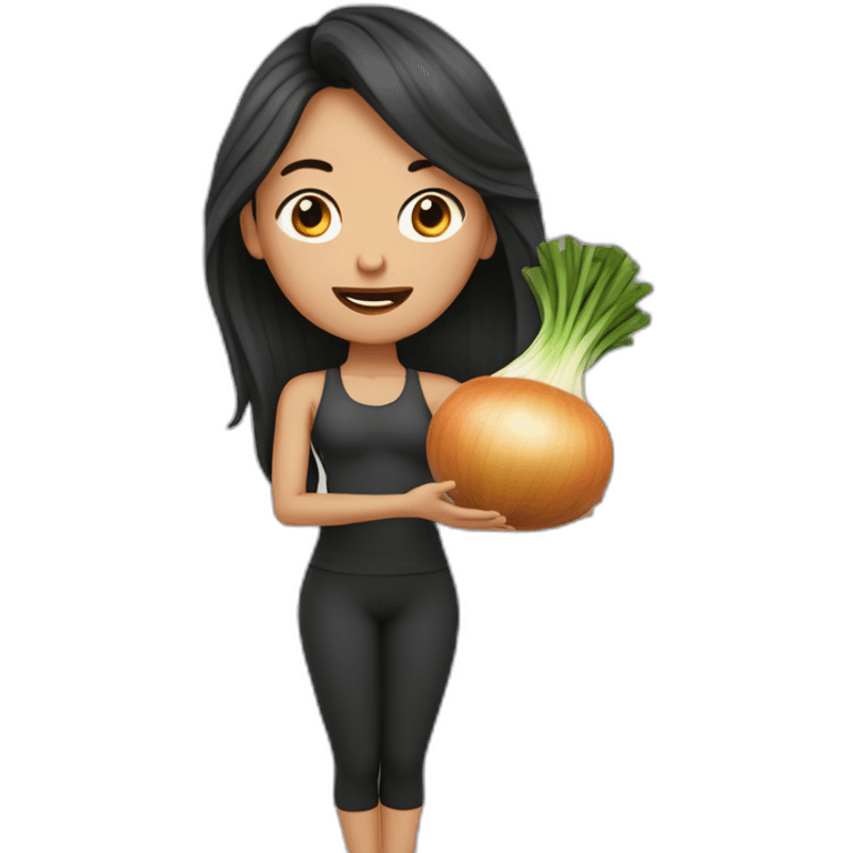 dark long hair yoga teacher feminine with an stinking onion in her hands emoji