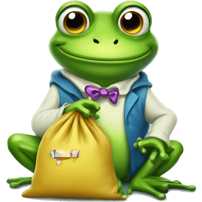 funny cartoon frog holding bag of gems emoji