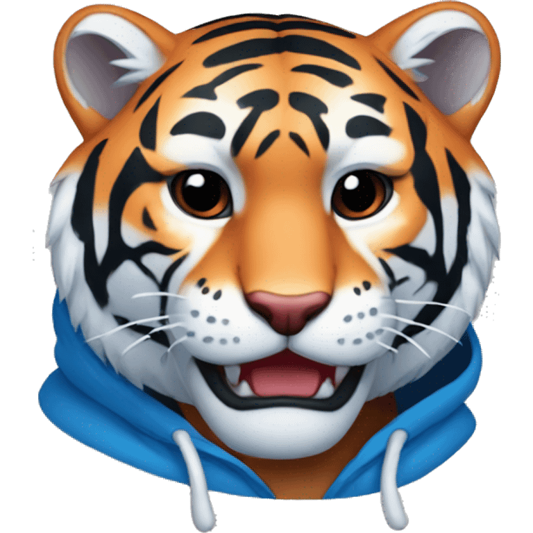 telegram sticker a A blue tiger with red stripes, red ears on the inside and black on the outside  wearing a hoodie emoji