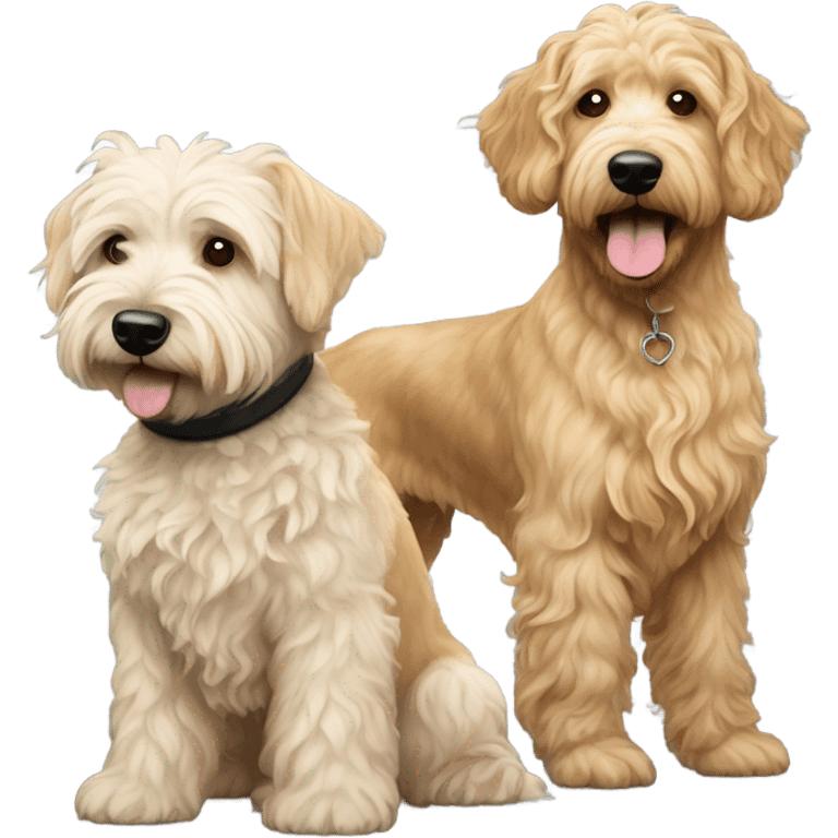 Golden golden doodle with wavy coat and white bichon with curly coat and black Cairin Terrier emoji