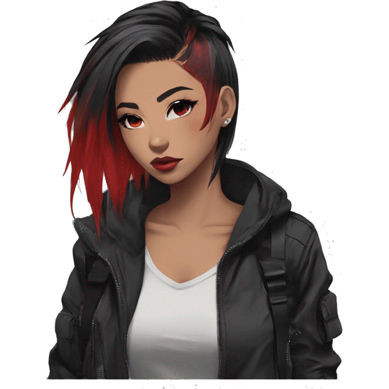 Gorgeous techwear anime style lady with blushing face aesthetic and pretty edgy black red punk hair with hair garment trending style emoji