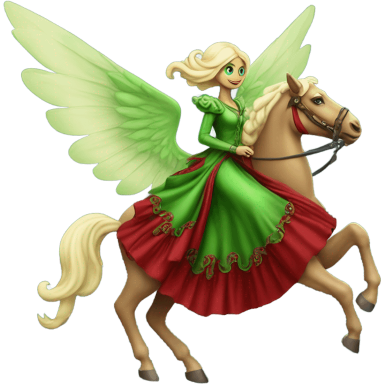 "galora green blonde alien woman" in red Victorian elegant dress, full body, rides winged horse
NO WOKE
 emoji