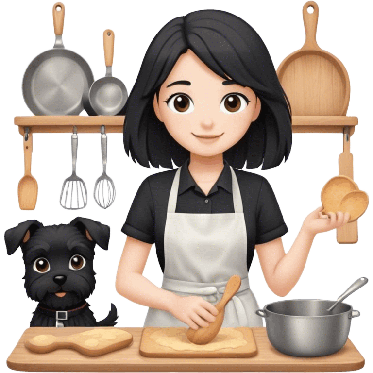 pale smiling girl baking with long back hair wearing black long shirt wearing apron holding black  schnauzer emoji