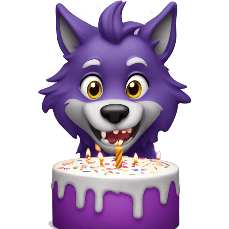 Nice Purple, anthropomorphic wolf blowing out birthday candles emoji