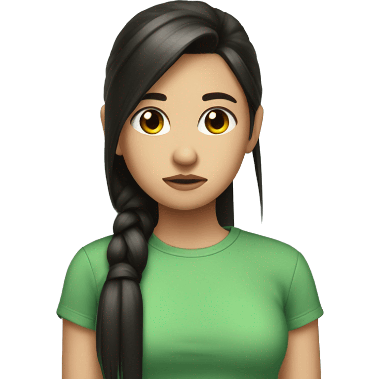 cute girl with black long straight hair brown tips ponytail green shirt sad emoji