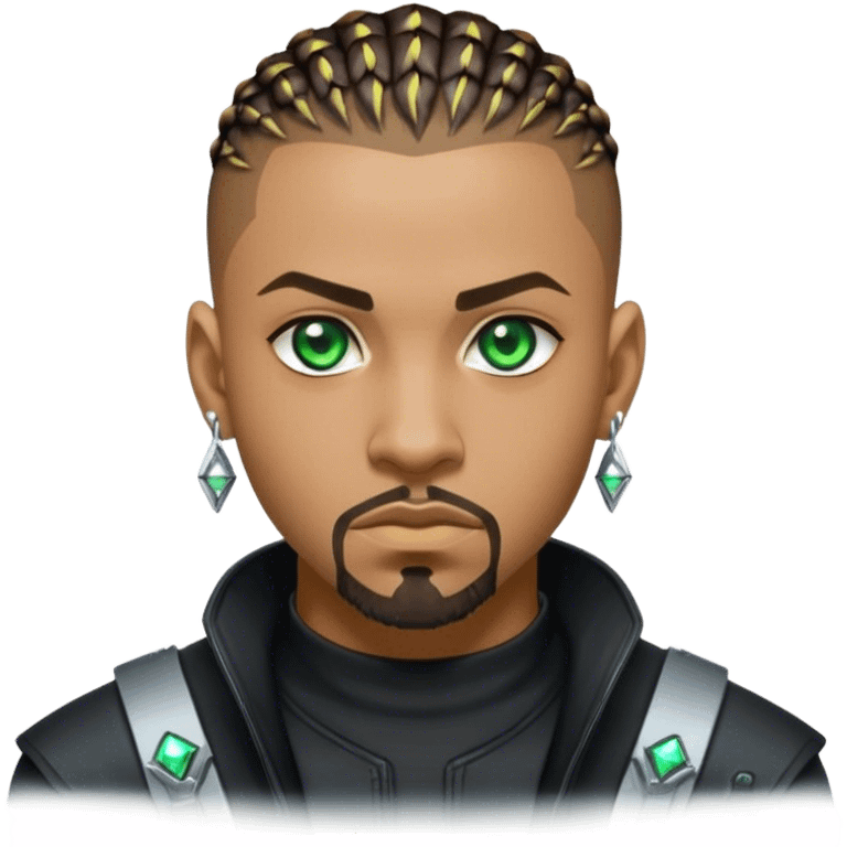 Light skinned African American male with green eyes as a cyberpunk hacker with cornrows hairstyle but short cornrows  with goatee facial hair diamond stud earrings  emoji