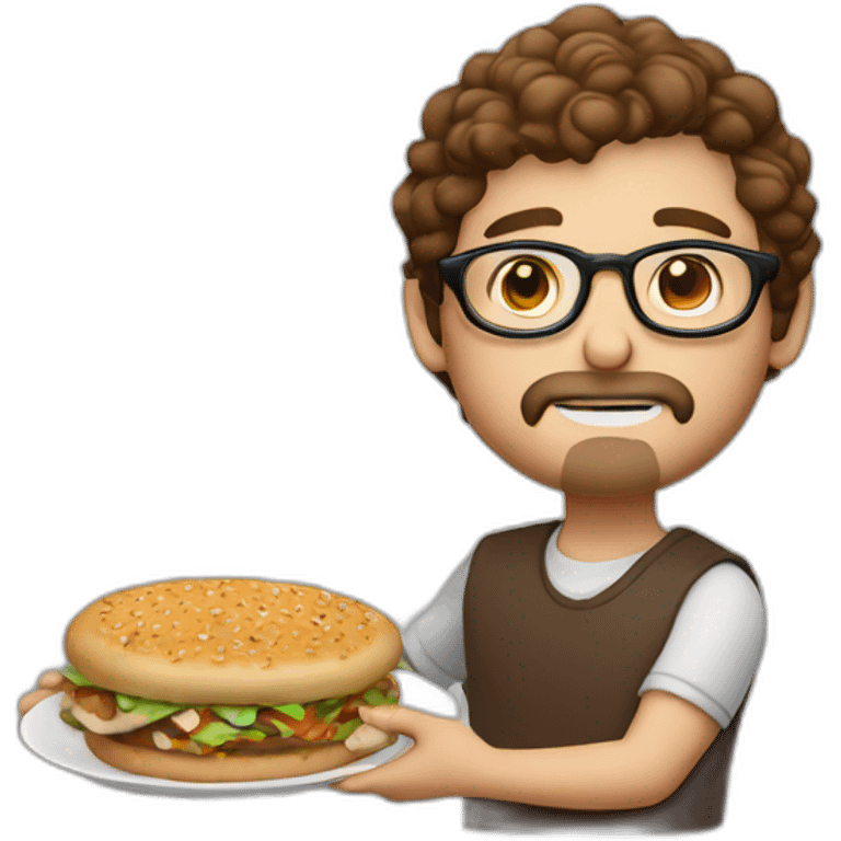 brown hair white guy with little mustache and goatee using round glasses with meal in hands emoji