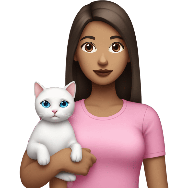 white girl with straight dark brown hair and blue eyes with pink lips wearing a pink shirt holding a white cat emoji