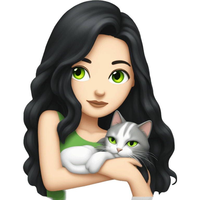 A pretty white girl with very long black hair and green eyes sleeping curled up to a cat  emoji