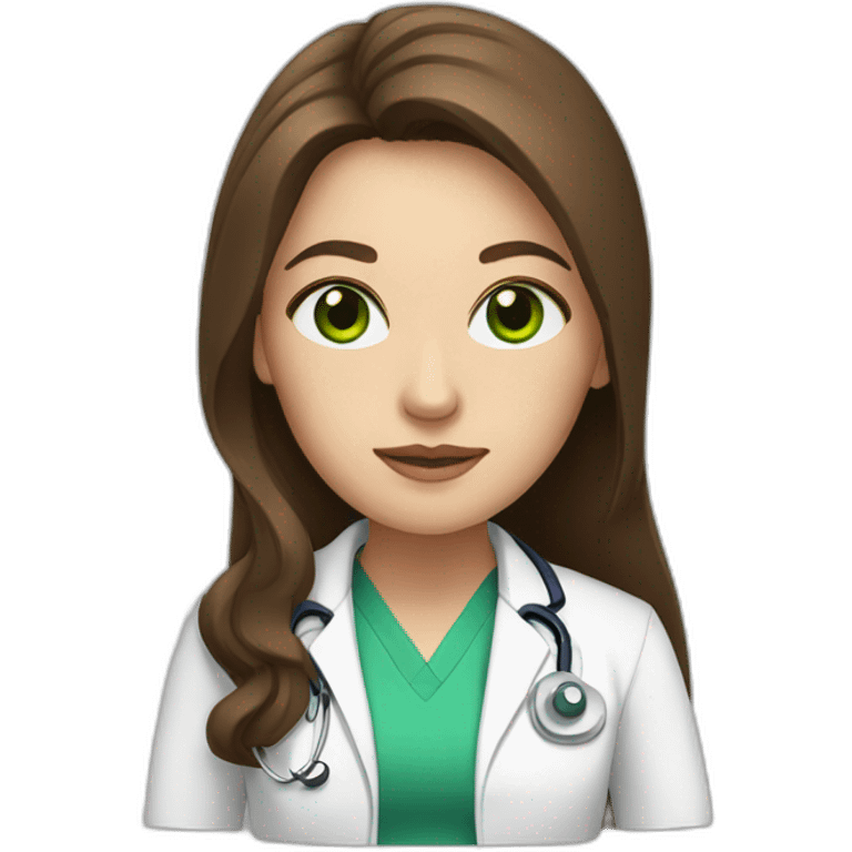 Doctor woman with long brown hair, white skin and green eyes emoji