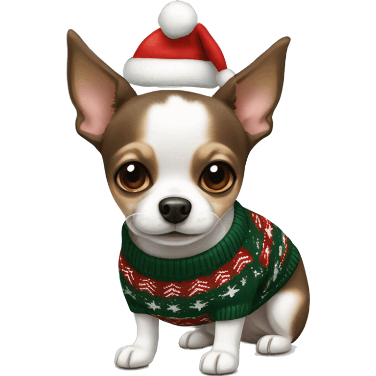 Black, white and brown chihuahua terrier in Christmas sweater emoji