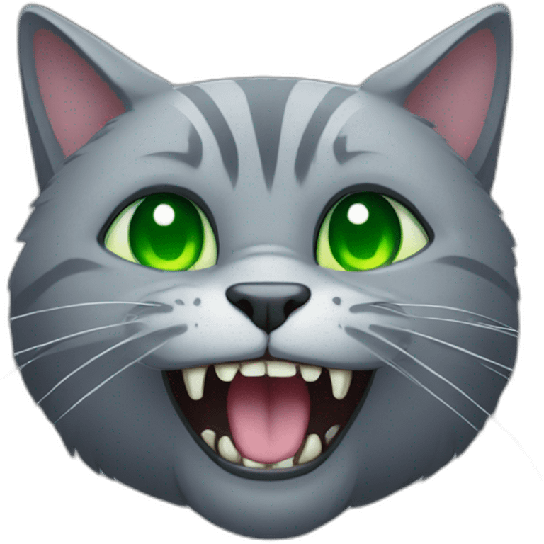 complete gray cat with big fangs and green eyes emoji