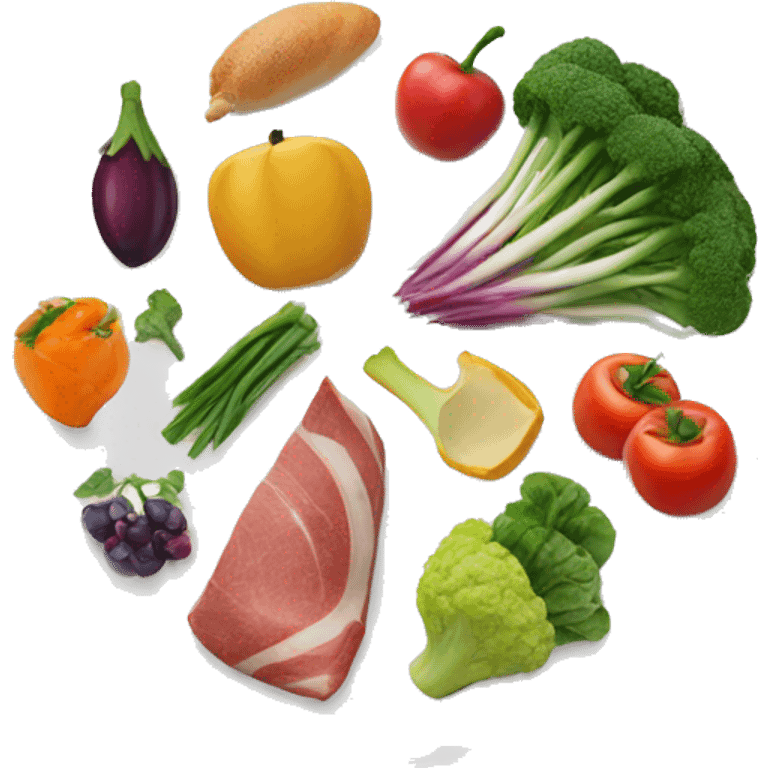 White Plate with different groups of food: vegetables, fruits, carbohydrates, meat & fats emoji