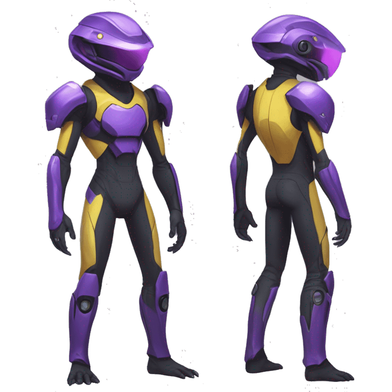 a shiny black-purple-yellow Genesect-Raptor-Fakémon—hybrid with a futuristic visor-helmet full bod emoji