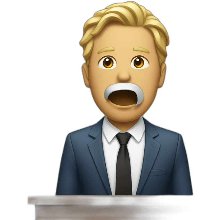 Man giving speech at podium with tape placed over mouth emoji