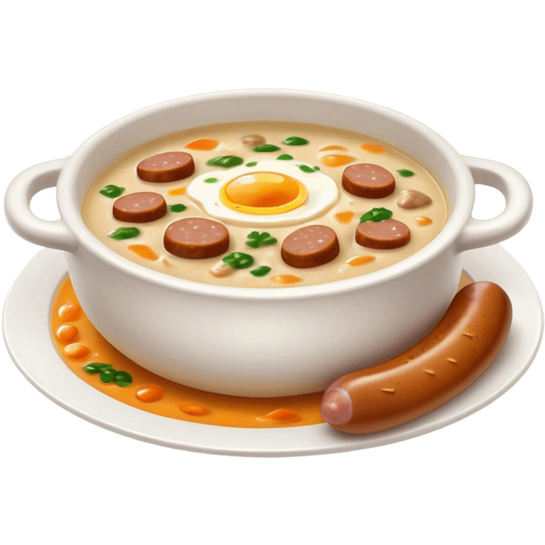 Cinematic Realistic ≈ªurek Soup Dish Emoji, depicted as a tangy, creamy rye soup with sausage and egg rendered with detailed textures and warm, comforting lighting. emoji