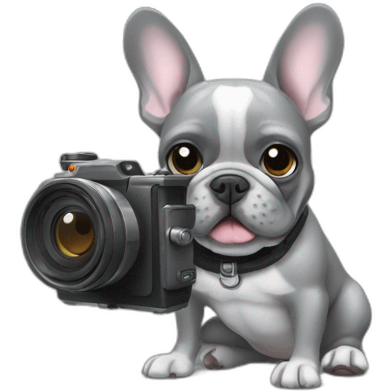 grey French bulldog holding a camera emoji