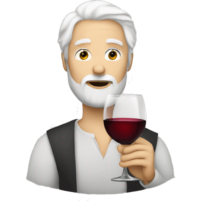 a man with white hair and a beard drinking a glas of wine staring emoji