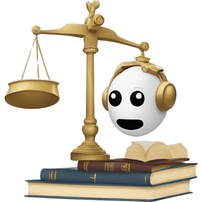 a balance of justice with a robot head on one side and a book on the other side emoji