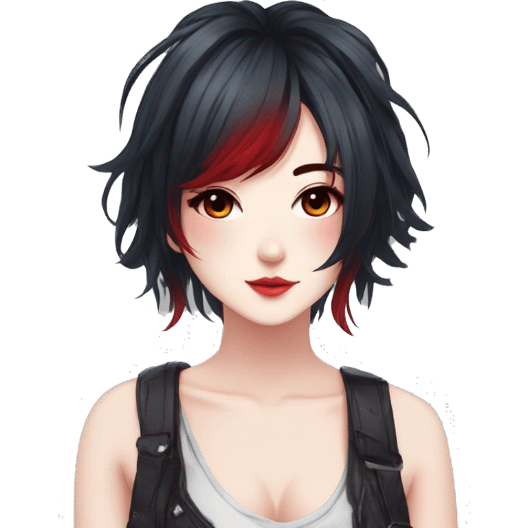 Gorgeous anime style lady with blushing face aesthetic and pretty edgy black red punk hair with hair garment trending style emoji