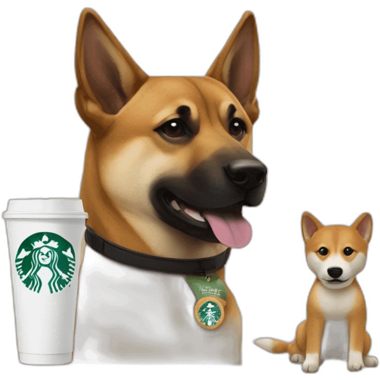 Malinois dog and shiba working at Starbucks emoji