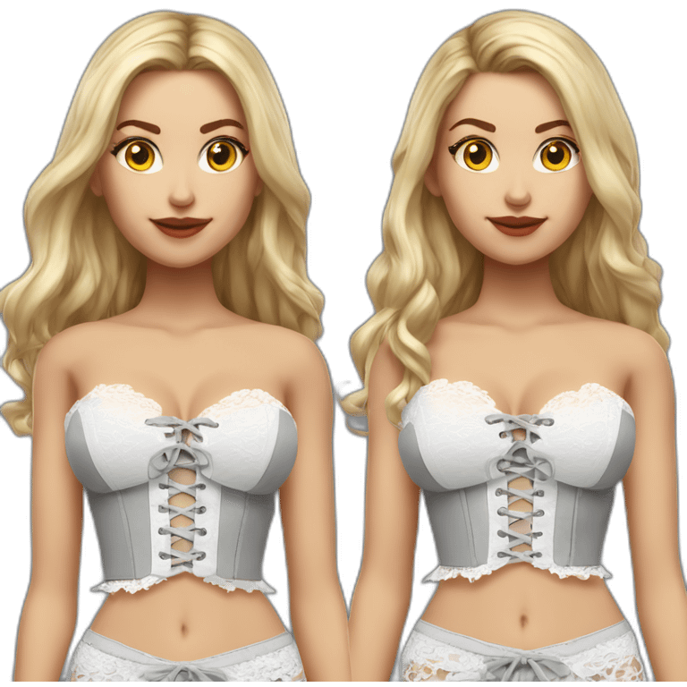 hyperrealistic caucasian blonde female, long straight hair, white lace-up crop bustier, grey tight mini skirt, full view emoji