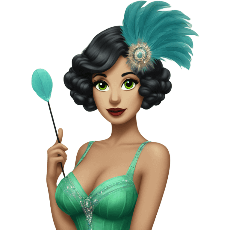 Burlesque dancer with black hair and green eyes in a vintage costume holding blue feather fans emoji