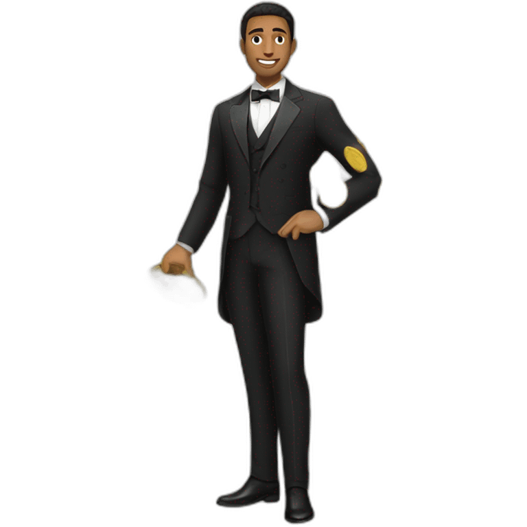 Posh-man-with-black-suit-holding-golden-coins emoji