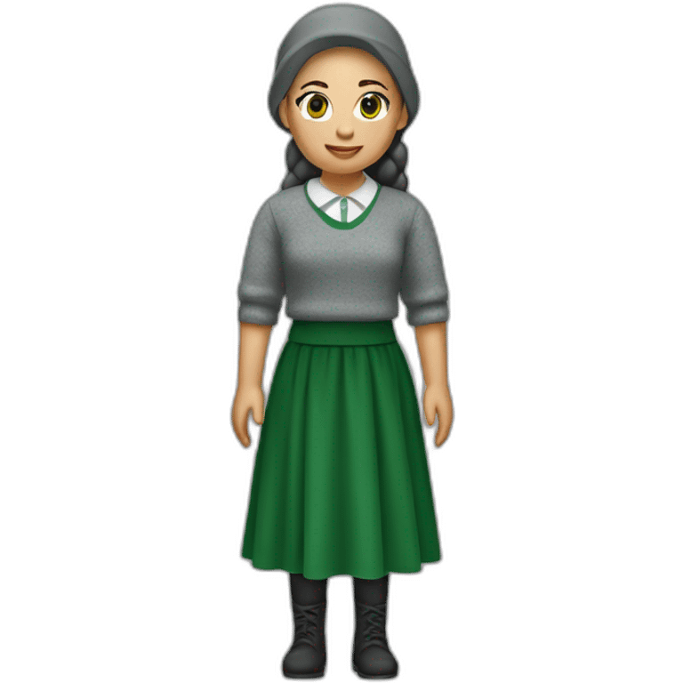 cocasian amish girl wearing a grey skirt and a green sweater  emoji