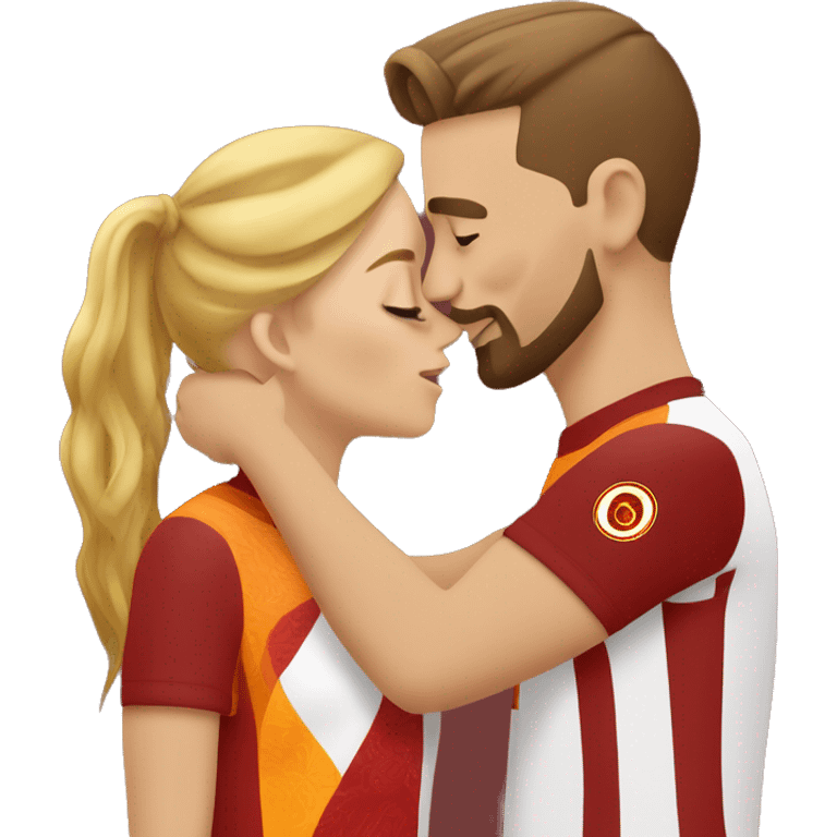 A blonde woman with a brown-haired man who has a goatee and shaved sides are kissing each other while wearing Galatasaray jerseys. emoji