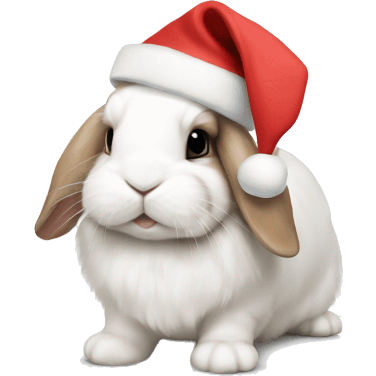 White mini lop in a Christmas hat emoji