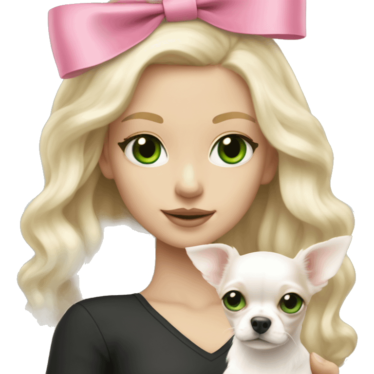 pale blond girl with wavy long platinum hair with green eyes holding a white chihuahua puppy that wearing a pink bow emoji