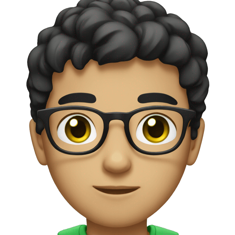 Young boy with black hair green eyes and black glasses wearing a white T-shirt emoji