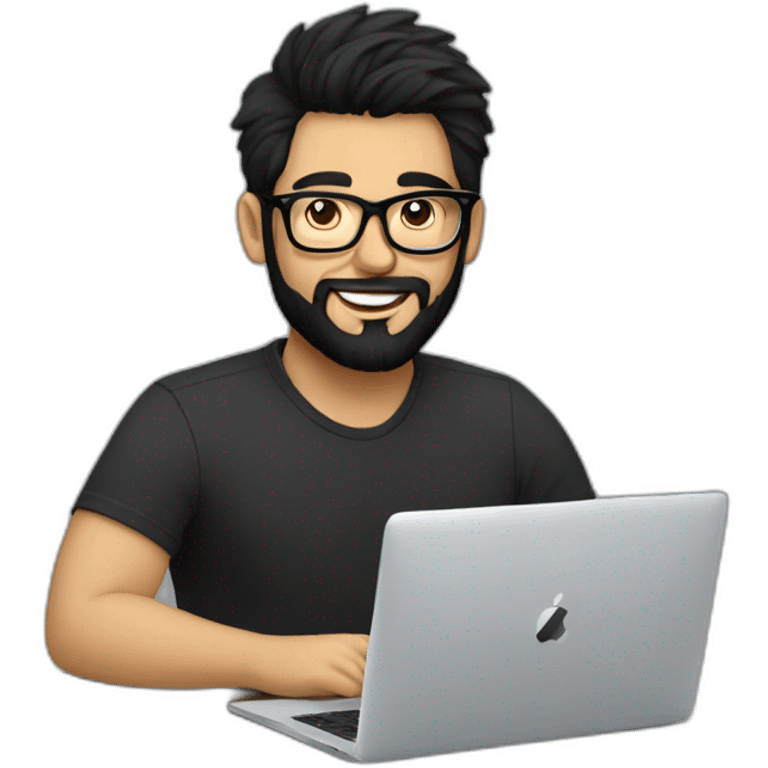 Designer with black hair, beard and glasses working with MacBook and drinking cappuccino  emoji