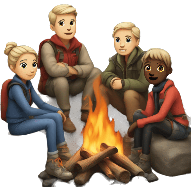 eleven friends are sitting around a fire in the mountains emoji