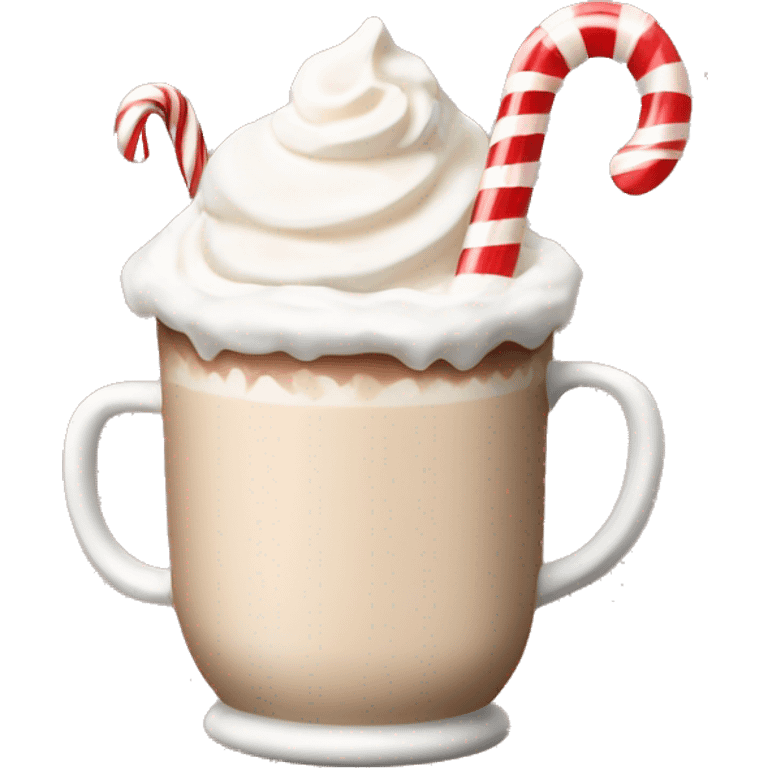 beige hot chocolate with marshmallows and whipped cream and candy cane emoji