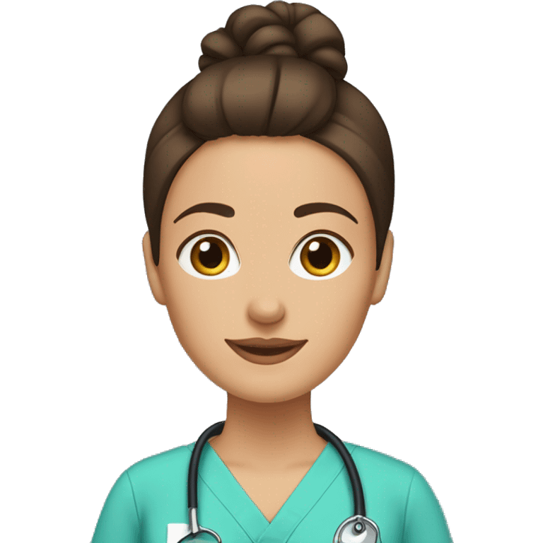 Brunette woman with a top knot wearing scrubs holding a dachshund emoji