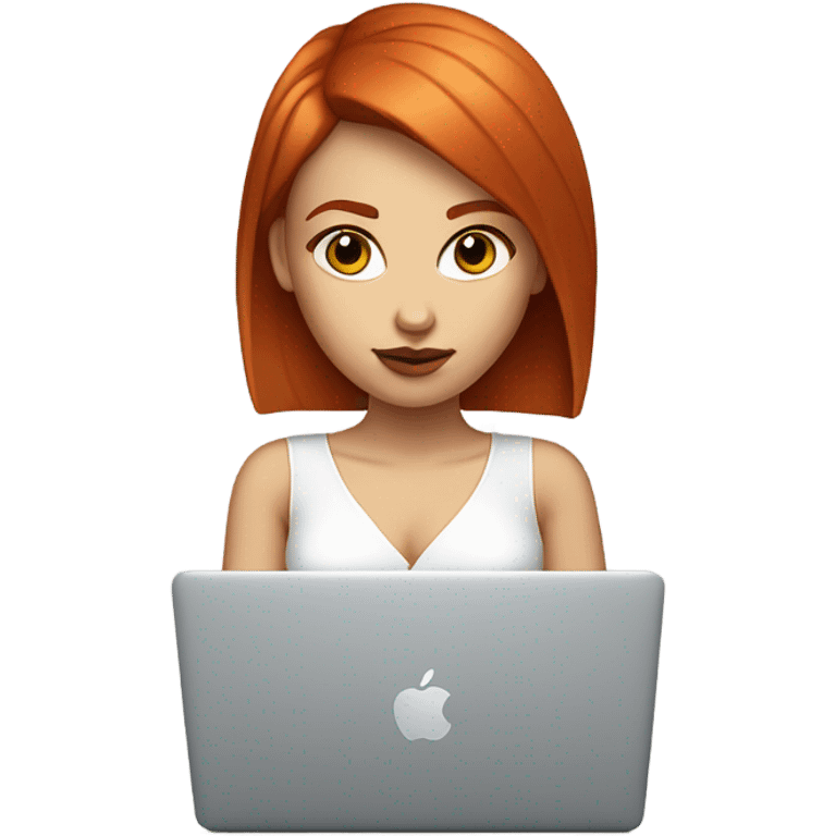 girl with straight short red hair, big lips, big eyes, calm face, in white decolletage works on macbook emoji