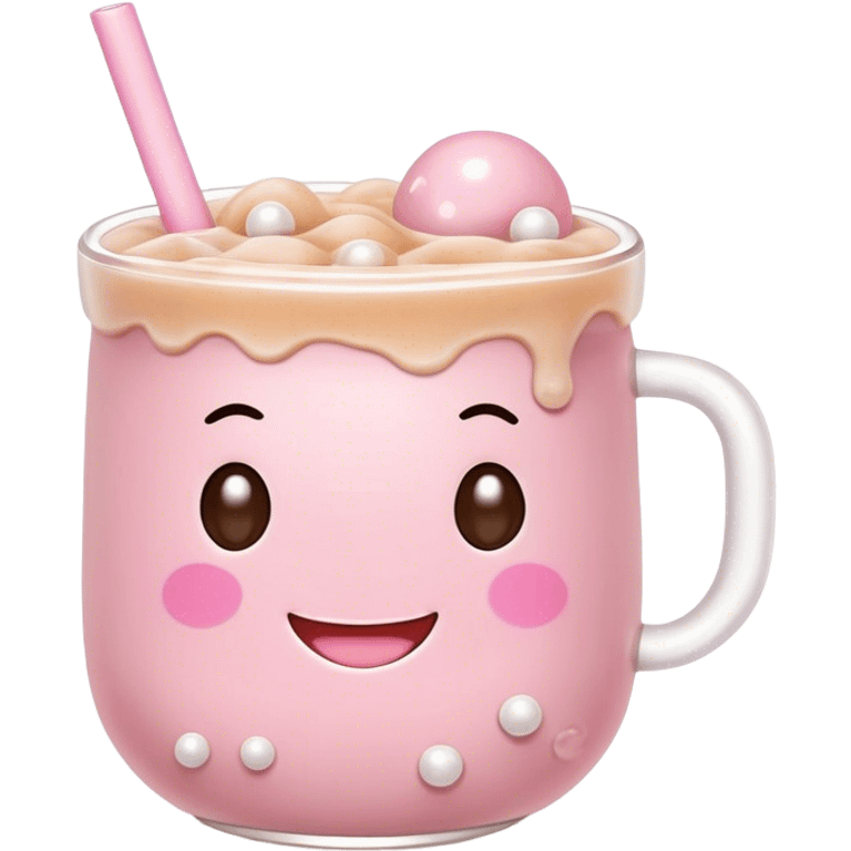 Cute Kawaii Boba Tea Cup, with a happy smiling face, chubby round shape, pastel pink and brown colors, soft glowing highlights, adorable tapioca pearls floating inside, sparkling eyes full of joy! emoji