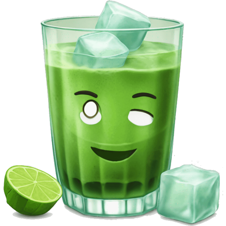 Iced matcha in a clear glass whit ice cubes emoji