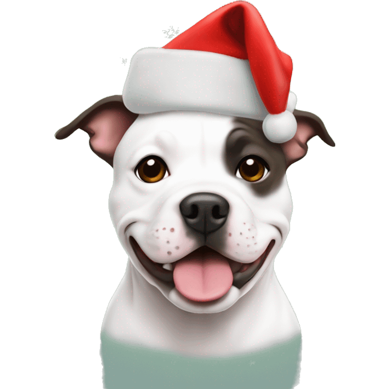 Staffordshire bull-terrier wearing a Christmas hat emoji