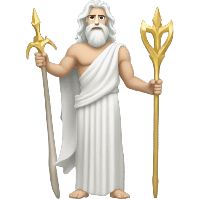 white man Poseidon with gold trident. long white hair white dress. driver emoji