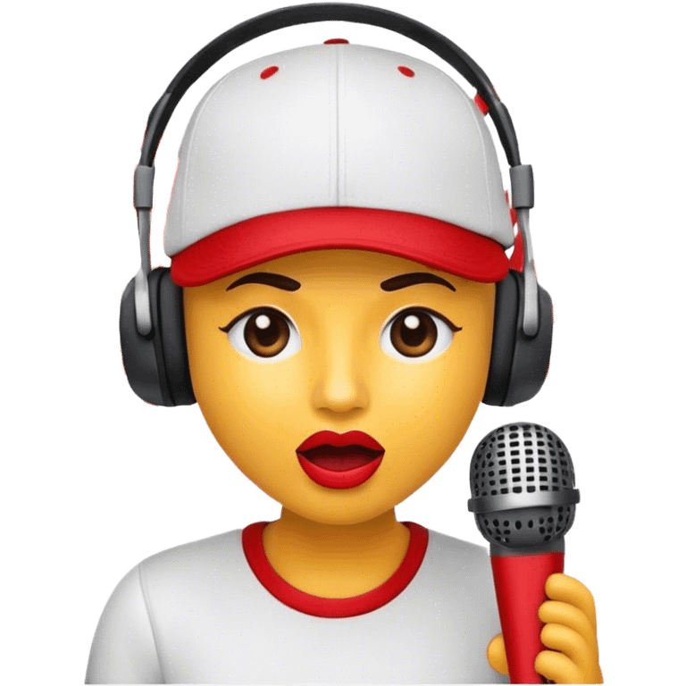 Create a dynamic and energetic emoji that represents beatboxing. The design should feature a stylized microphone and baseball cap on it, with lips and sound waves emanating from it , symbolizing vocal percussion and rhythm. Add elements like headphones or a subtle speaker to emphasize the music production aspect. Use bold colors like black, white, and red to convey the intensity and creativity of beatboxing. The background should be transparent. emoji